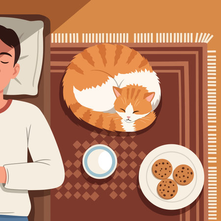Man sleeping in bed with cat and breakfast.のイラスト素材