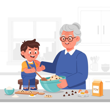 Grandfather and grandson cooking cookies in the kitchen.のイラスト素材