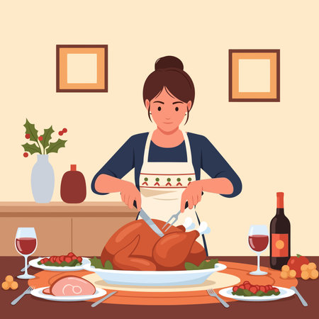 Woman cooking turkey. Vector illustration in flat design style. Happy Thanksgiving dayのイラスト素材