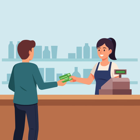 Cashier or cashier giving money to customer at counter in cashier's shop.のイラスト素材