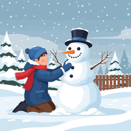 A boy with a snowman in the winter forestのイラスト素材