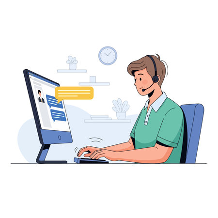Call center operator with headset and computer.のイラスト素材