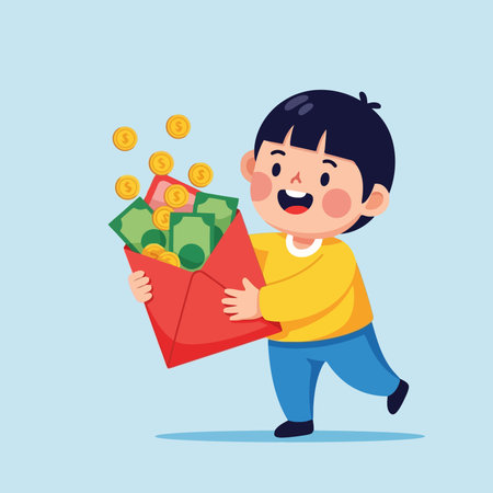 Cute boy carrying a bag full of money.のイラスト素材