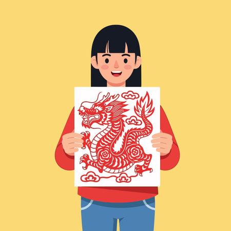 Girl holding a paper with Chinese dragon in her hands.のイラスト素材