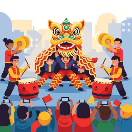Chinese new year festival, lion dance performance in traditional costume.のイラスト素材