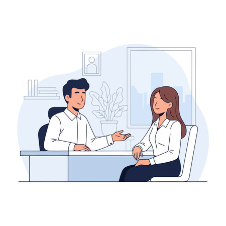 Businessman and businesswoman sitting at desk in office and discussing work. Man and woman working together.のイラスト素材