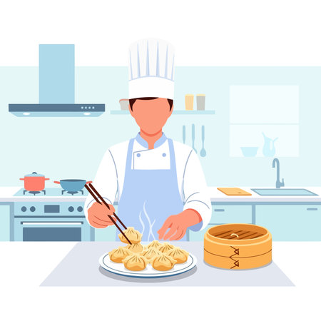 Chef cooking dumplings in kitchen.のイラスト素材