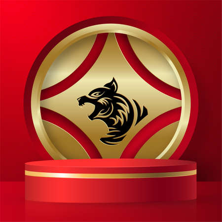 Podium round stage chinese style, for happy chinese new year 2022 on red paper cut art and craft and color backgroung with asian elements (Chinese Translation : happy new year 2022, year of the tiger)のイラスト素材