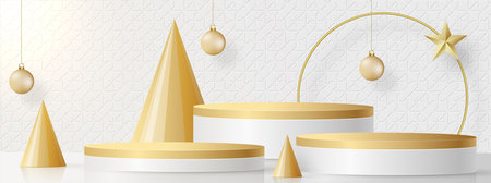 Podium round stage style, for Merry christmas and happy new year and festivals or greeting festival with red paper cut art and craft on color backgroung with festive elements.のイラスト素材