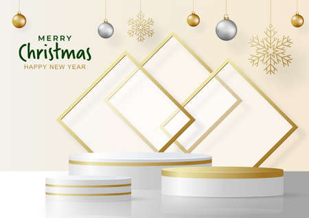 Podium round stage style, for Merry christmas and happy new year and festivals or greeting festival with red paper cut art and craft on color backgroung with festive elements.のイラスト素材