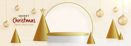 Podium round stage style, for Merry christmas and happy new year and festivals or greeting festival with red paper cut art and craft on color backgroung with festive elements.のイラスト素材