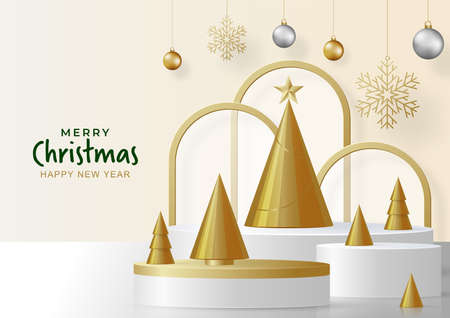 Podium round stage style, for Merry christmas and happy new year and festivals or greeting festival with red paper cut art and craft on color backgroung with festive elements.のイラスト素材