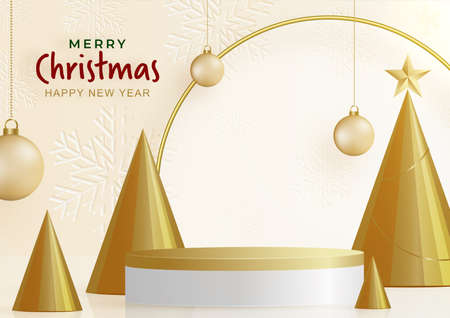 Podium round stage style, for Merry christmas and happy new year and festivals or greeting festival with red paper cut art and craft on color backgroung with festive elements.のイラスト素材