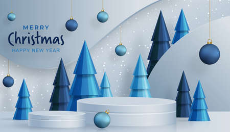 Podium round stage style, for Merry christmas and happy new year and festivals or greeting festival with blue paper cut art and craft on color backgroung with festive elementsのイラスト素材