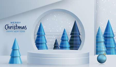 Podium round stage style, for Merry christmas and happy new year and festivals or greeting festival with blue paper cut art and craft on color backgroung with festive elementsのイラスト素材