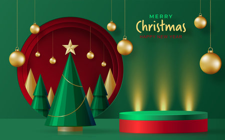 Podium round stage style, for Merry christmas and happy new year and festivals or greeting festival with red paper cut art and craft on color backgroung with festive elements.のイラスト素材