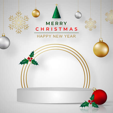 Podium round stage style, for Merry christmas and happy new year and festivals or greeting festival with red paper cut art and craft on color backgroung with festive elements.