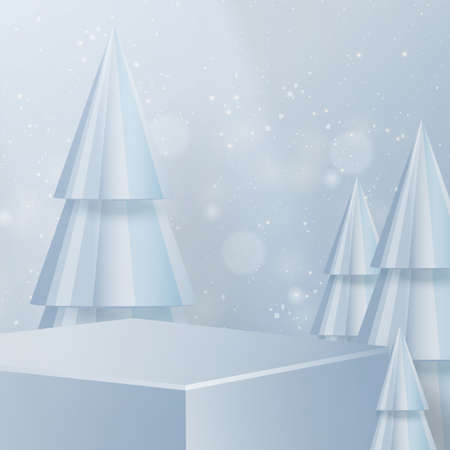 Podium round stage style, for Merry christmas and happy new year and festivals or greeting festival with blue paper cut art and craft on color backgroung with festive elementsのイラスト素材