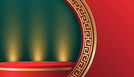Podium round stage chinese style, for happy chinese new year on red paper cut art and craft and color backgroung with asian elementsのイラスト素材