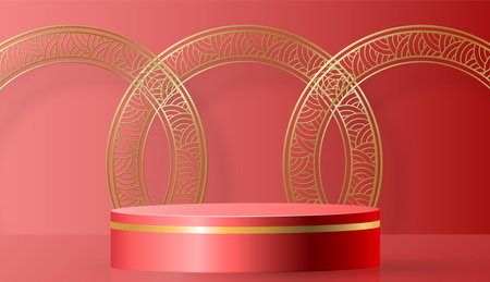 Podium round stage chinese style, for happy chinese new year on red paper cut art and craft and color backgroung with asian elementsのイラスト素材