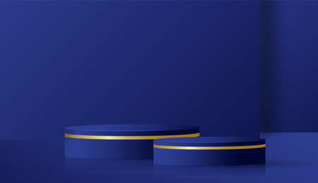 Round podium stage with nice and creative symbols  blue and gold paper cut style on color background for cosmetics brand design and advertisingのイラスト素材