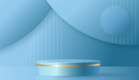 Round podium stage with nice and creative symbols  blue and gold paper cut style on color background for cosmetics brand design and advertisingのイラスト素材