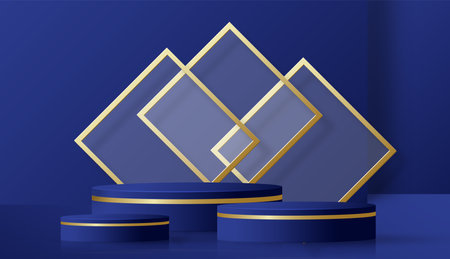 Round podium stage with nice and creative symbols  blue and gold paper cut style on color background for cosmetics brand design and advertisingのイラスト素材