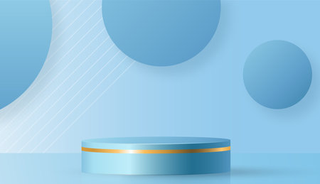 Round podium stage with nice and creative symbols  blue and gold paper cut style on color background for cosmetics brand design and advertisingのイラスト素材
