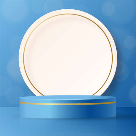 Round podium stage with nice and creative symbols  blue and gold paper cut style on color background for cosmetics brand design and advertisingのイラスト素材