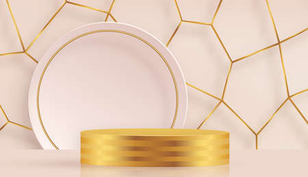 3d Round podium stage with nice and creative symbols on paper cut style with color background for cosmetics brand design and advertisingのイラスト素材