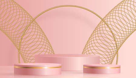 3d Round podium stage with nice and creative symbols on paper cut style with color background for cosmetics brand design and advertisingのイラスト素材