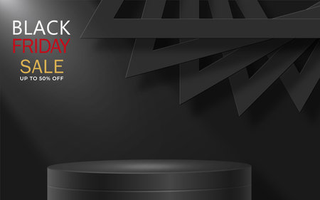 3d Round or square podium stage for Black Friday sale poster with black paper cut and craft style on color background for banner, poster or web siteのイラスト素材