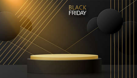 3d Round or square podium stage for Black Friday sale poster with black paper cut and craft style on color background for banner, poster or web siteのイラスト素材