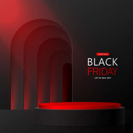 3d Round or square podium stage for Black Friday sale poster with black paper cut and craft style on color background for banner, poster or web siteのイラスト素材