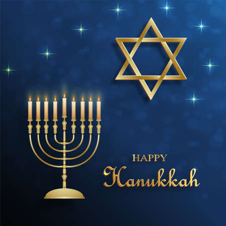 Happy Hanukkah card with nice and creative symbols and gold paper cut style on color background for Hanukkah Jewish holiday (translation : happy Hanukkah day, Hag HaHanukka)のイラスト素材