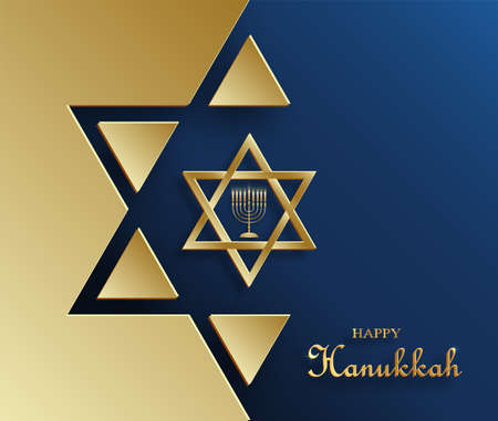Happy Hanukkah card with nice and creative symbols and gold paper cut style on color background for Hanukkah Jewish holiday (translation : happy Hanukkah day, Hag HaHanukka)のイラスト素材