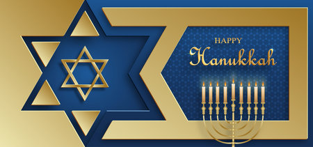 Happy Hanukkah card with nice and creative symbols and gold paper cut style on color background for Hanukkah Jewish holiday (translation : happy Hanukkah day, Hag HaHanukka)のイラスト素材