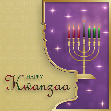 Happy kwanzaa card with nice and creative symbols and gold paper cut style on color background for kwanzaa holidayのイラスト素材
