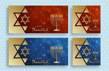 Happy Hanukkah set card with nice and creative symbols and gold paper cut style on color background for Hanukkah Jewish holidayのイラスト素材