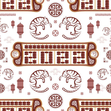 Seamless pattern with Asian elements on color background for happy Chinese new year of the Tiger 2022, flyers, poster and banner, (translate : Chinese happy new year, 2022)のイラスト素材
