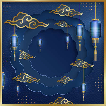 Happy China Lantern Festival, Chinese lanterns with gold paper cut art and craft style on color backgroundのイラスト素材