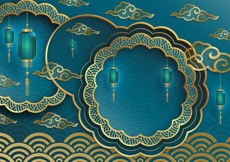 Happy China Lantern Festival, Chinese lanterns with gold paper cut art and craft style on color backgroundのイラスト素材