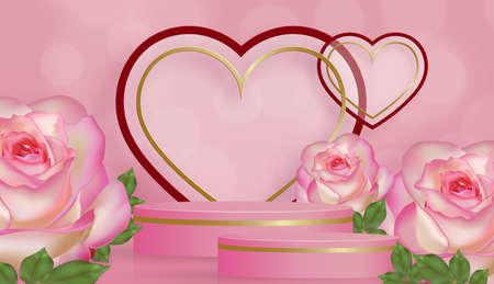 Podium round stage for Valentine day with red and gold heart for I love you day, red paper cut art and craft on red color backgroundのイラスト素材
