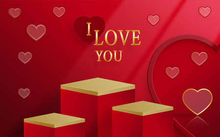 Podium round stage for Valentine day with red and gold heart for I love you day, red paper cut art and craft on red color backgroundのイラスト素材
