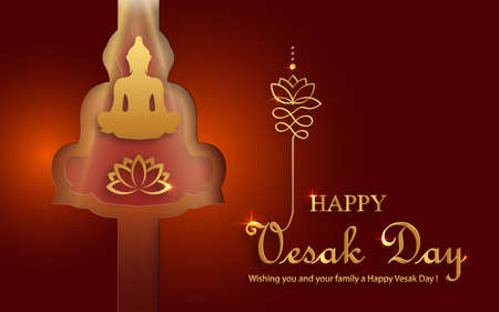 Happy Vesak Day card with bouddha symbols and oriental Asian elements with gold paper cut style on color background for greetingのイラスト素材