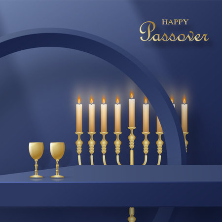 Happy Pessah podium stage for the Passover holiday with nice and creative Jewish symbols and gold paper cut style on color background for Pesach Jewish holidayのイラスト素材