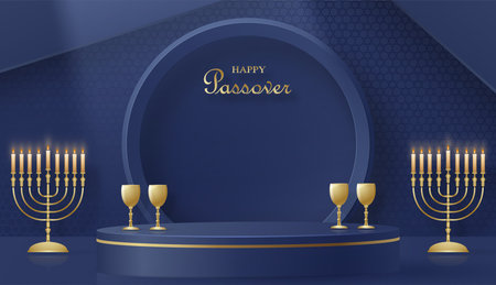 Happy Pessah podium stage for the Passover holiday with nice and creative Jewish symbols and gold paper cut style on color background for Pesach Jewish holidayのイラスト素材