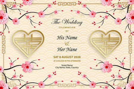 Chinese oriental wedding invitation card template with oriental elements on color background (Chinese Translation : wedding invitation)のイラスト素材
