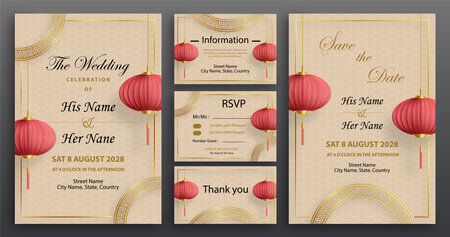 Chinese oriental wedding invitation card template with oriental elements on color background