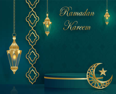 Islamic 3d podium round stage for Eid Mubarak, Ramadan Kareem, Muharram, Iftar, mawlid, isra miraj on color backgroundのイラスト素材